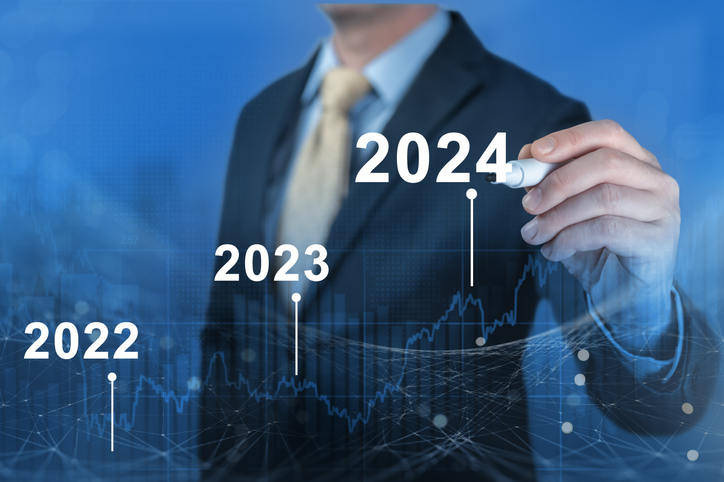 Business Growing In 2024. Analytical Businessman Planning Business Growth 2024, Strategy Digital Marketing, Profit Income, Economy, Stock Market Trends And Business
