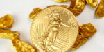 Golden American Eagle One Ounce Coin Laying On A Heap Of Golden Nuggets, Golden Ore On White Background Isolated With Plenty Copy Space