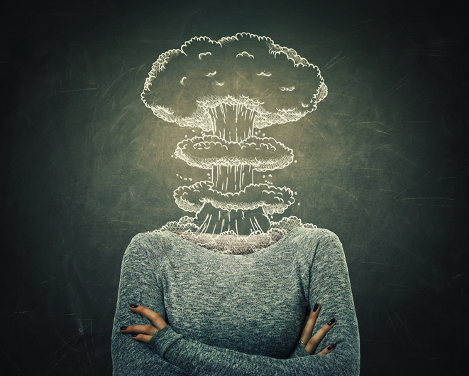 Surreal Image Young Woman Head Explosion Over Blackboard Background. Mental State Of Human With Lot Of Problems. Nervous Person With Crossed Hands And A Nuclear Mushroom Sketch, Business Failure.