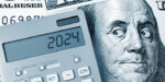 2024. Benjamin Franklin Looking Calculator On One Hundred Dollar Bill.