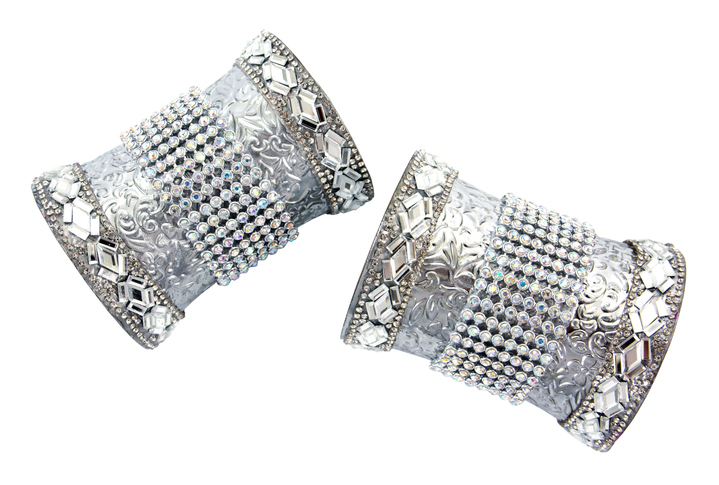 It Is Two Silver Armband Decoration With Glass Gems And Diamonds Isolated On White Background