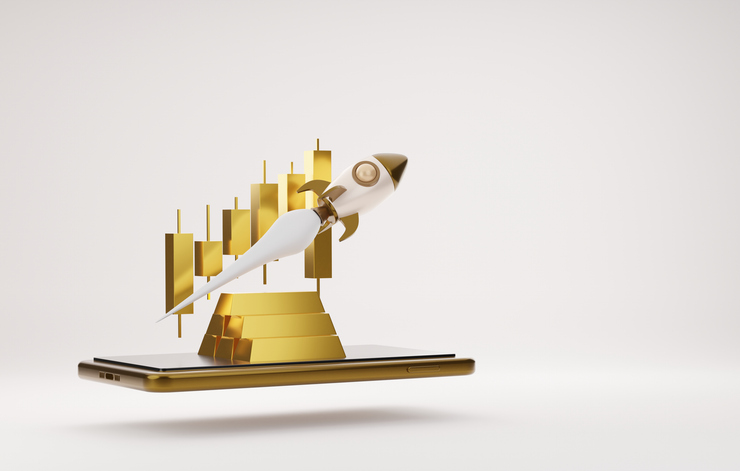 Candlesticks And Gold Bar And Rocket On Smartphone Screen. Buying And Selling Gold Gold Market Growth And Investment. 3d Render Illustration.