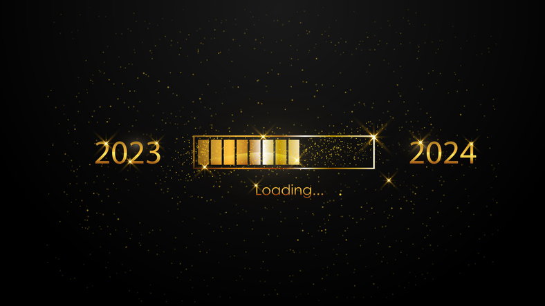 Bar Loading New Year 2023 To 2024 With Golden Glitter. Vector Happy New Year 2024 Countdown Celebration. Illustration Fantastic Banner Greeting.