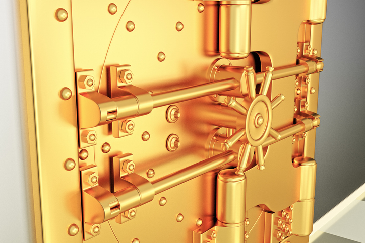Front View Of Light Gold Bank Vault Door, Closed. The Door To The Bank Vault With A Lot Of Secret Mechanisms And Passwords. 3D Render