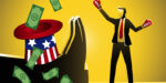 An Illustration Of American Uncle Sam Knocked Down By Businessman Wearing Brics Boxing Glove. De-dollarization Concept