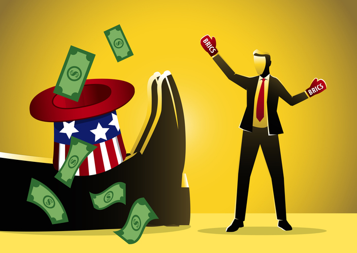 An Illustration Of American Uncle Sam Knocked Down By Businessman Wearing Brics Boxing Glove. De-dollarization Concept