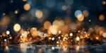 Christmas Golden Light Shine Particles Bokeh On Navy Blue Background. Holiday Concept. Abstract Background With Dark Blue And Gold Particle.