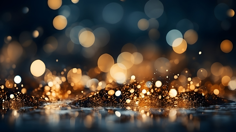 Christmas Golden Light Shine Particles Bokeh On Navy Blue Background. Holiday Concept. Abstract Background With Dark Blue And Gold Particle.