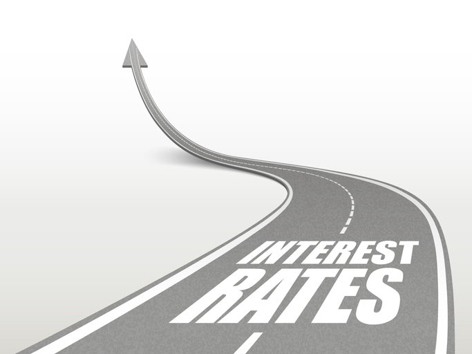 Interest Rates Words On Highway Road Going Up As An Arrow