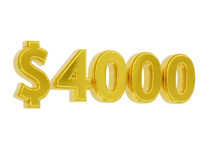 Golden 4000 Dollar Price Symbol Isolated On White Background. 3d Rendering