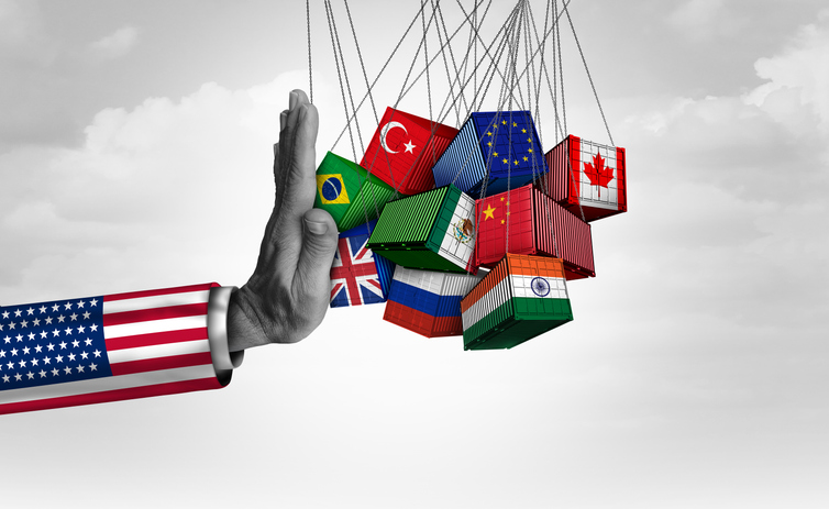 US Trade Barrier Tarrif As American Economic Protectionism And Rade Isolation Or USA Government Protectionist Policy As Import Taxes Or Tariffs In Imports.