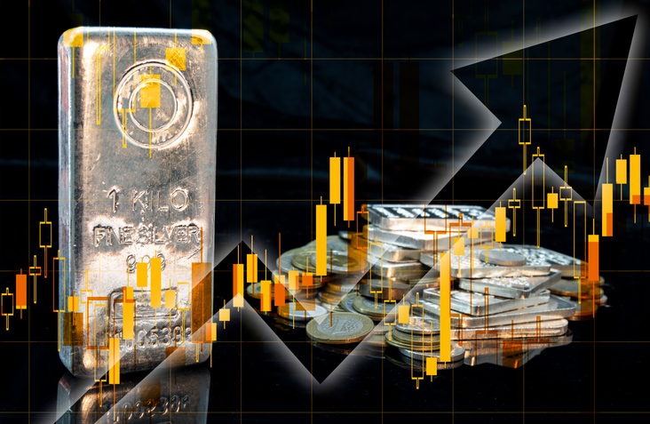 Silver Price Surge Shown With Bars And Candle Going Upward In The Background.