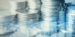 Double Exposure Of Graph And Rows Of Coins For Finance And Banking Concept