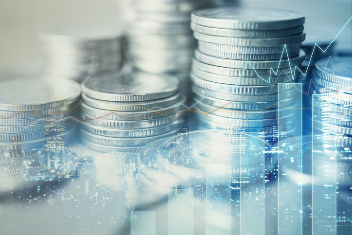 Double Exposure Of Graph And Rows Of Coins For Finance And Banking Concept