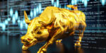 Financial Bull With Digital Trading Data And Graph Background. 3D Render.