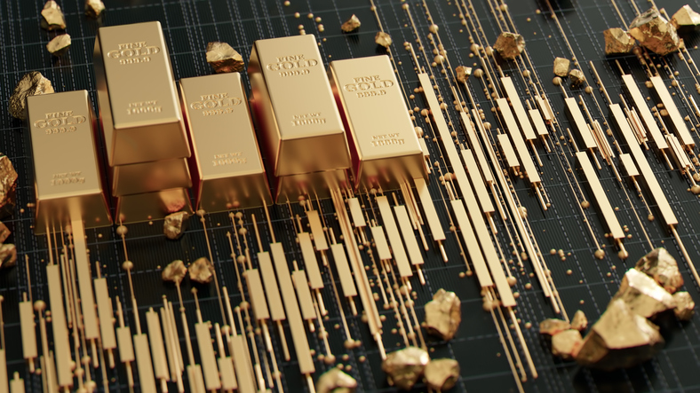 Shiny Gold Bars And Nuggets Arranged Over A Dark Digital Candlestick Chart, Blending Precious Metal Imagery With Financial Data Visualization To Evoke Investment, Wealth, Trading And Market Analytics Themes.