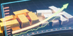 Abstract Price Screen With Upward Arrow And Gold And Silver Ingots In The Background.