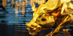 Golden Bull Statue With Financial Data And Charts. 3D Render